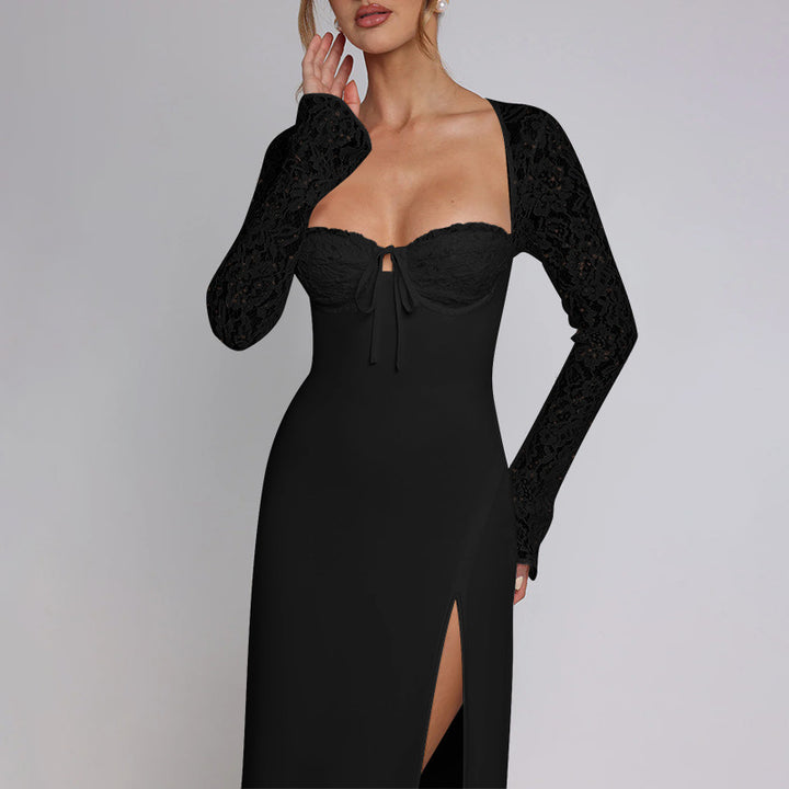 Damen Elegantes Maxikleid mit Spitze und hohem Schlitz Drune