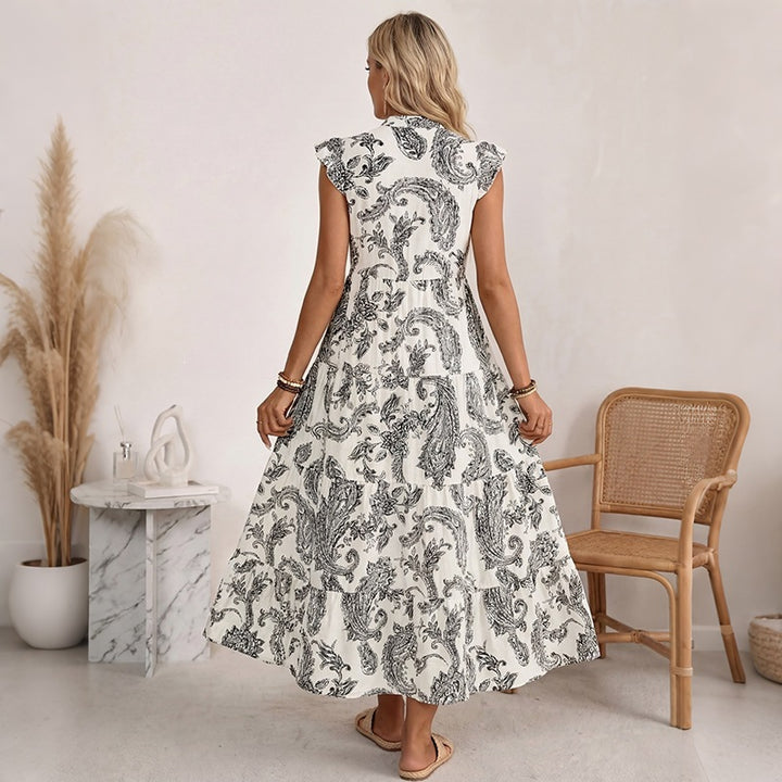Damen Maxikleid mit Paisley‑Print, V‑Ausschnitt und Stufenrock Drune