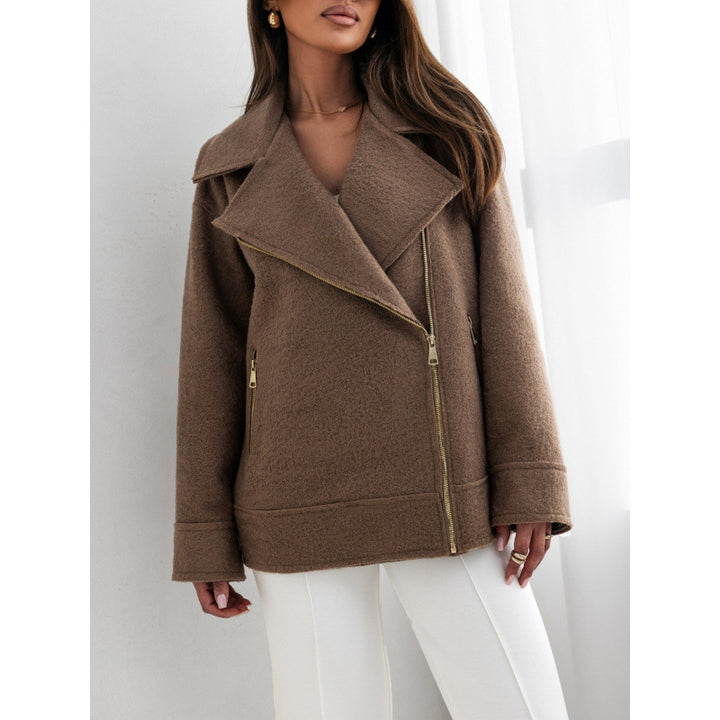 Damen elegante flauschige Bikerjacke mit goldenen Reißverschlussdetails Drune