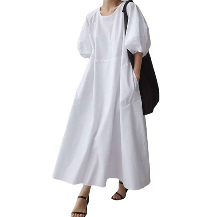 Damen Luftiges Baumwoll‑Poplin Maxi‑Kleid mit voluminösen Puffärmeln, A‑Linien‑Silhouette und Seitentaschen Drune