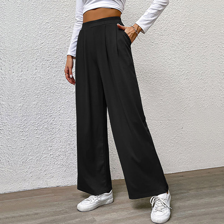 Damen hochtaillierte weite Hose mit Vorderfalten, elastischem Bund und Seitentaschen Drune