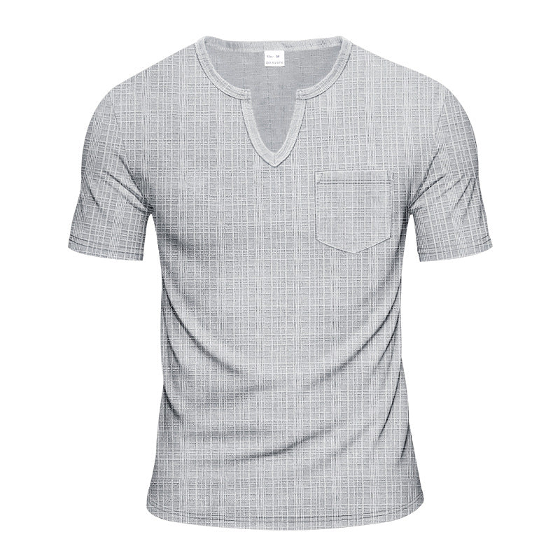 Herren nan Kurzarmshirt mit geschlitztem V-Ausschnitt strukturierter Leinenoptik und aufgesetzter Brusttasche Drune