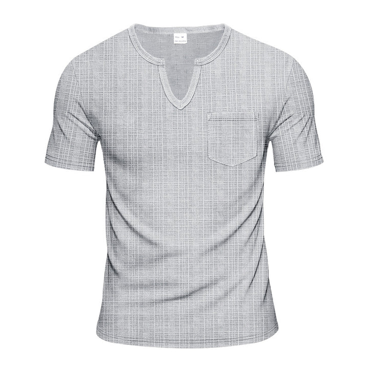 Herren nan Kurzarmshirt mit geschlitztem V-Ausschnitt strukturierter Leinenoptik und aufgesetzter Brusttasche Drune