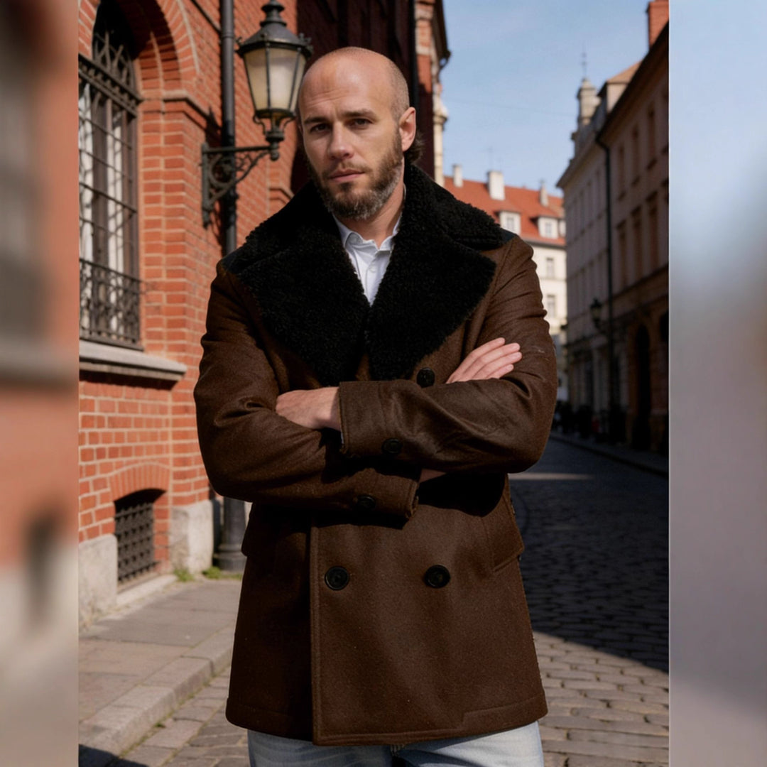 Herren Doppelreihiger Kurzmantel aus Wollmix mit großem Teddykragen Drune