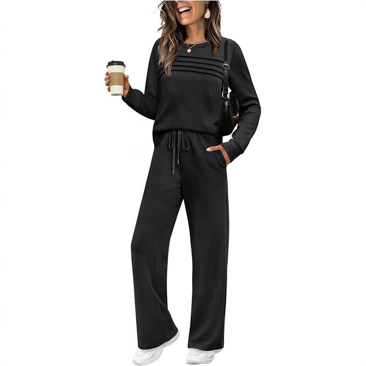 Damen Zweiteiliges Lounge-Set mit Plissee-Detail, Rundhals-Sweatshirt und weitem Kordel-Hose Drune