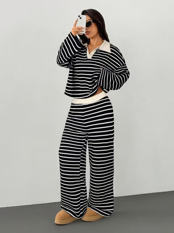 Damen lässiges Streifen-Loungewear-Set mit Kragen Drune