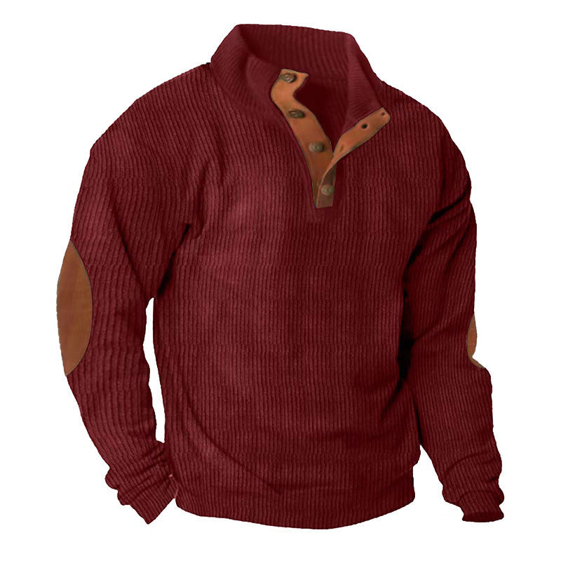 Herren nan grober Rippstrick-Pullover mit Stehkragen, Knopfleiste und markanten Ellenbogenpatches Drune