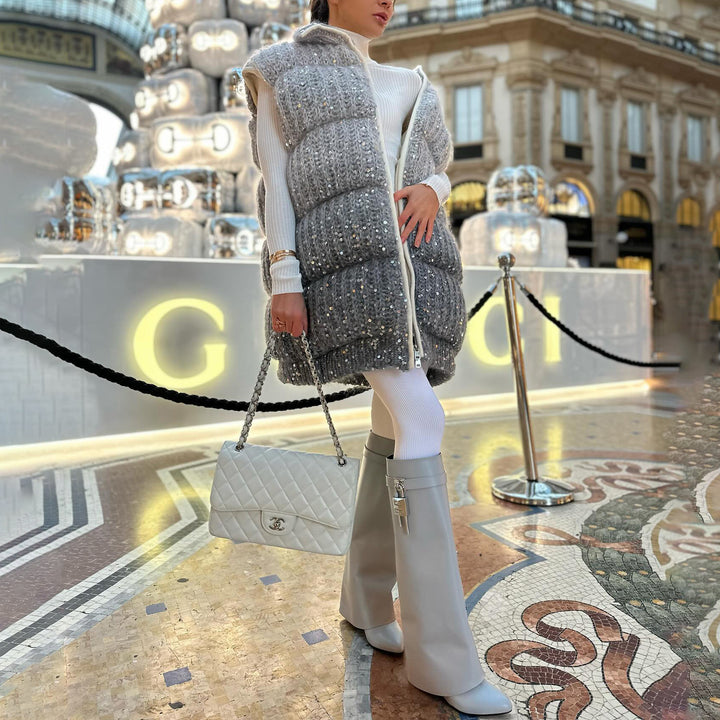 Damen Steppweste mit eleganten Pailletten-Details und hohem Kragen Drune