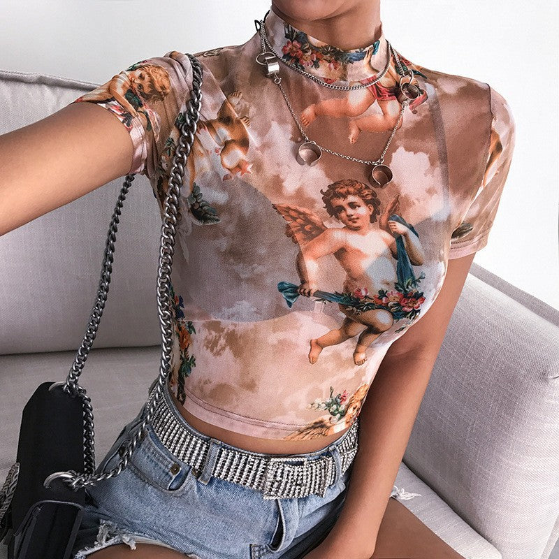 Damen Hochgeschlossenes Crop-Top mit romantischem Engelmotiven Drune