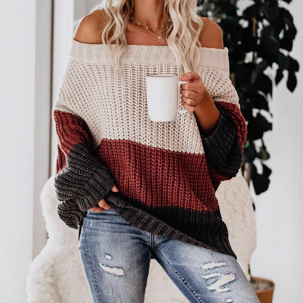 Damen Schulterfreier Oversize Blockstreifen Strickpullover Drune