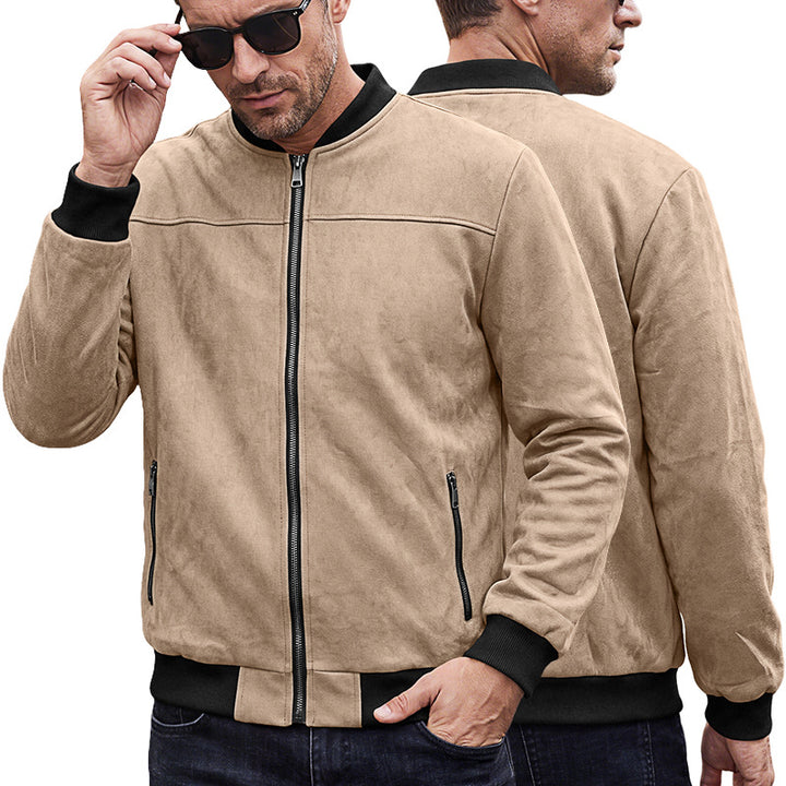 Herren Wildlederoptik Bomberjacke mit Rippenbündchen und Reißverschluss-Taschen Drune