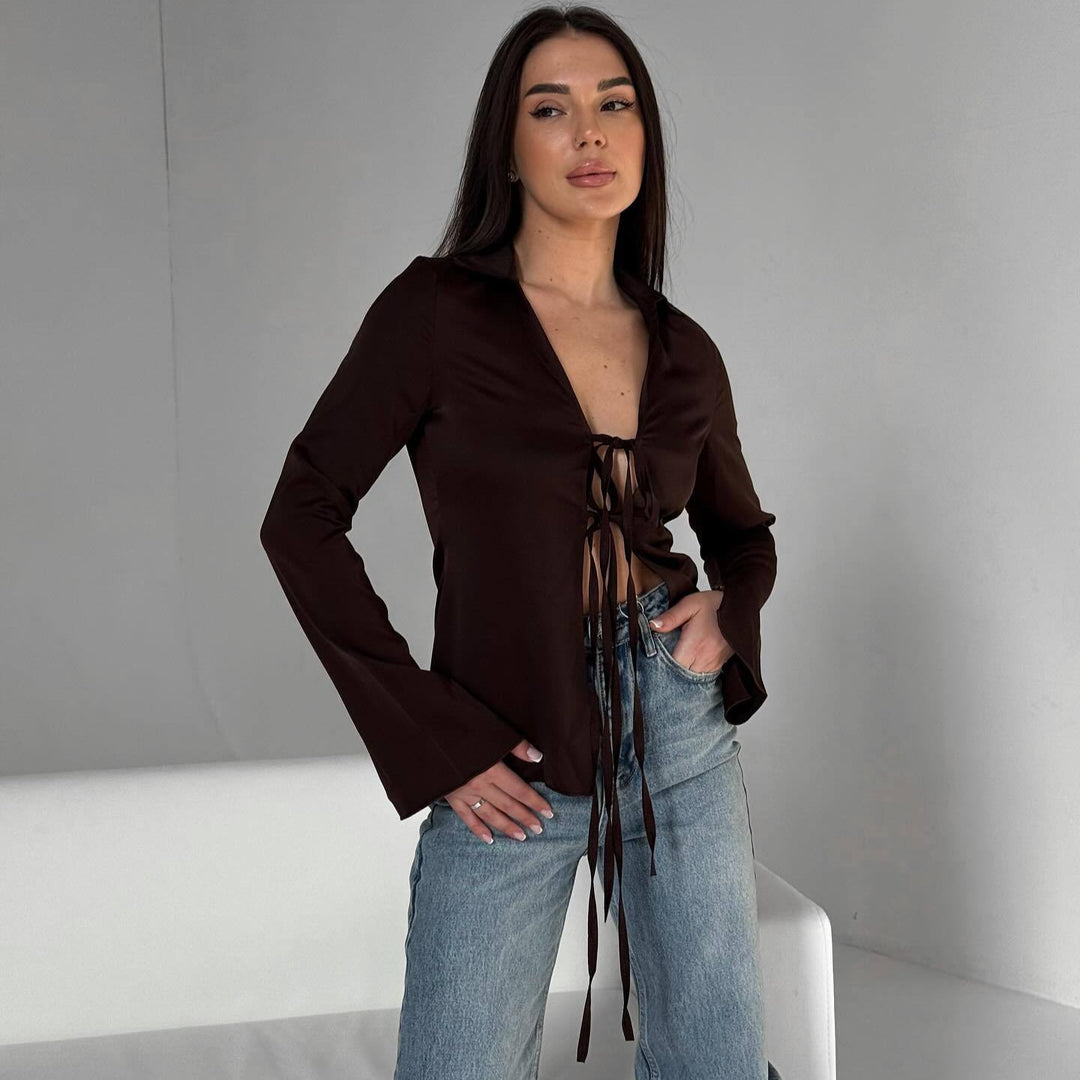 Damen Elegante Bluse mit dekorativem Schnürdetail und weitem Arm Drune