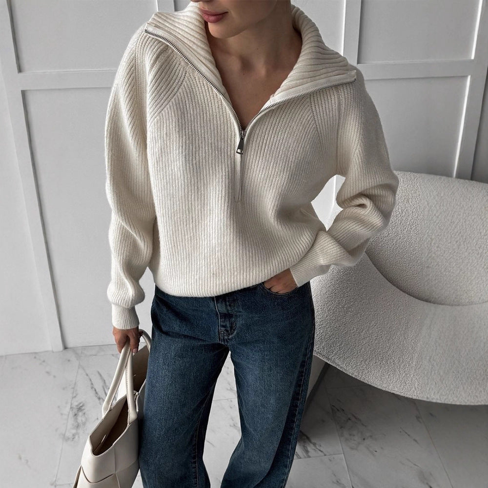 Damen Gerippter Wollmix-Pullover mit halbem Reißverschluss und weitem Stehkragen Drune