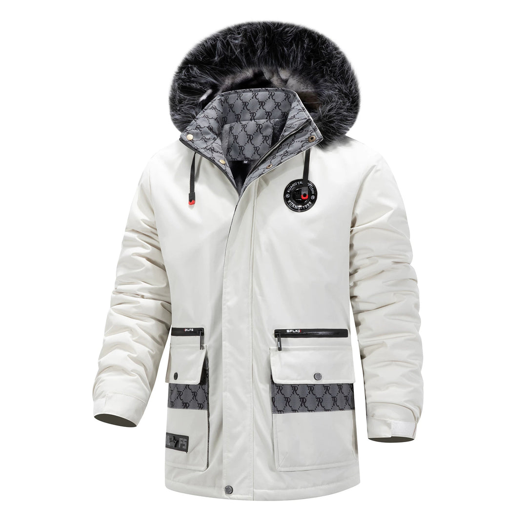 Herren Langer Thermo-Parka mit Kapuze, Logo-Innenfutter und Multifunktions-Taschen Drune