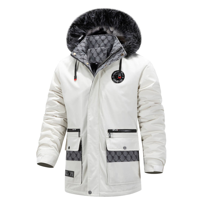 Herren Langer Thermo-Parka mit Kapuze, Logo-Innenfutter und Multifunktions-Taschen Drune