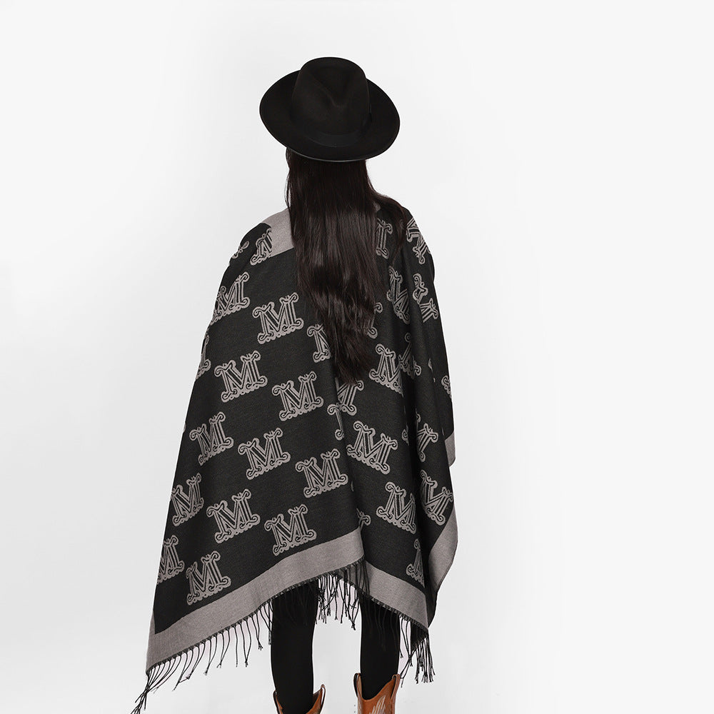 Damen Jacquard-Cape mit Monogramm‑Muster, offenem V‑Ausschnitt und Fransensaum Drune