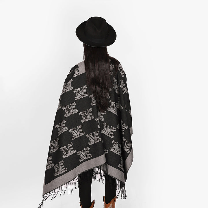 Damen Jacquard-Cape mit Monogramm‑Muster, offenem V‑Ausschnitt und Fransensaum Drune