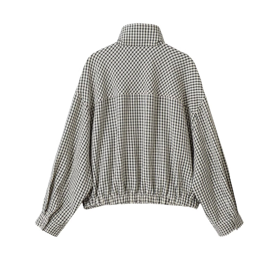 Damen Oversize Kurzblouson im Karo-Design mit hohem Stehkragen und Tunnelzugsaum Drune
