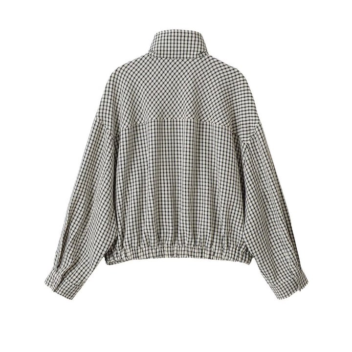 Damen Oversize Kurzblouson im Karo-Design mit hohem Stehkragen und Tunnelzugsaum Drune