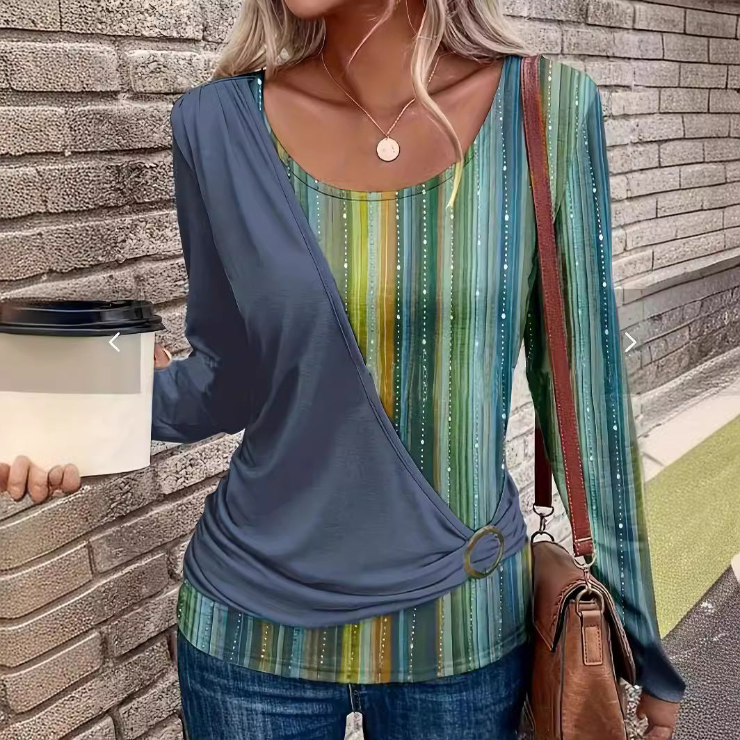 Damen Lagenlook Wickel‑Shirt mit asymmetrischer Drapierung und gestreiftem Unterteil Drune