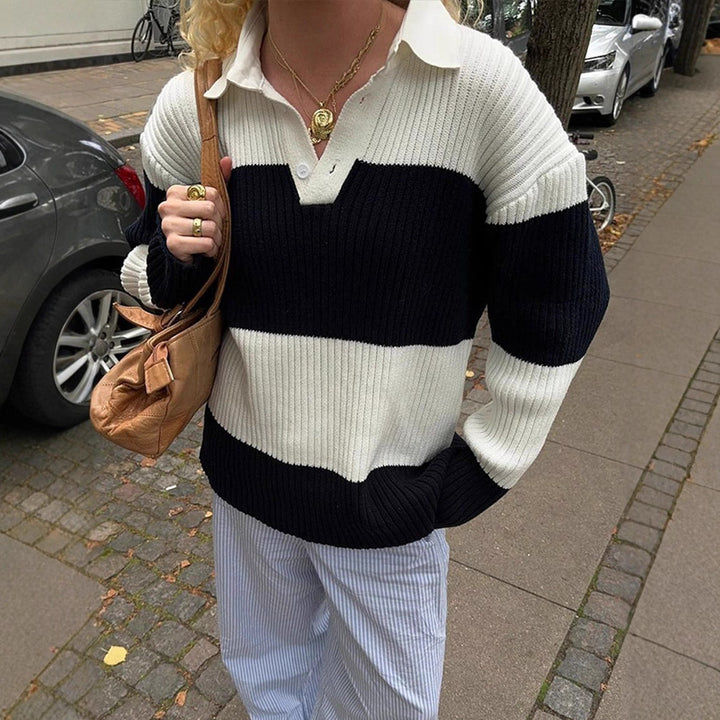 Damen Grobgerippter Oversize‑Polo‑Strickpullover mit Kentkragen und Blockstreifen Drune