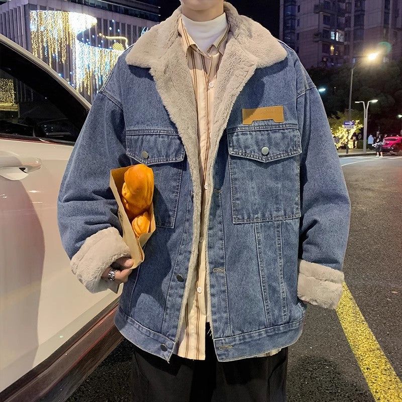 Herren Lässige Denimjacke mit Kunstfellkragen Drune