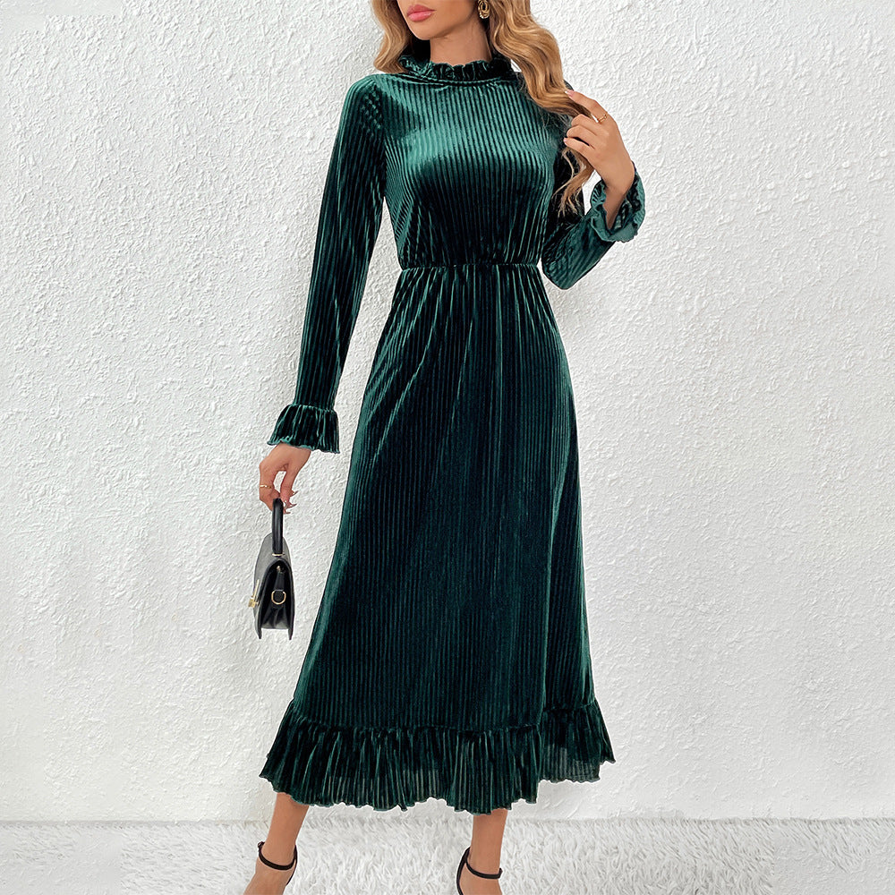 Damen Midikleid aus plissiertem Samt mit Stehkragen geraffter Taille und Volant-Saum Drune
