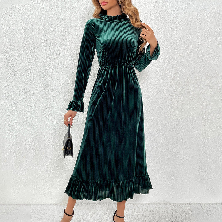 Damen Midikleid aus plissiertem Samt mit Stehkragen geraffter Taille und Volant-Saum Drune