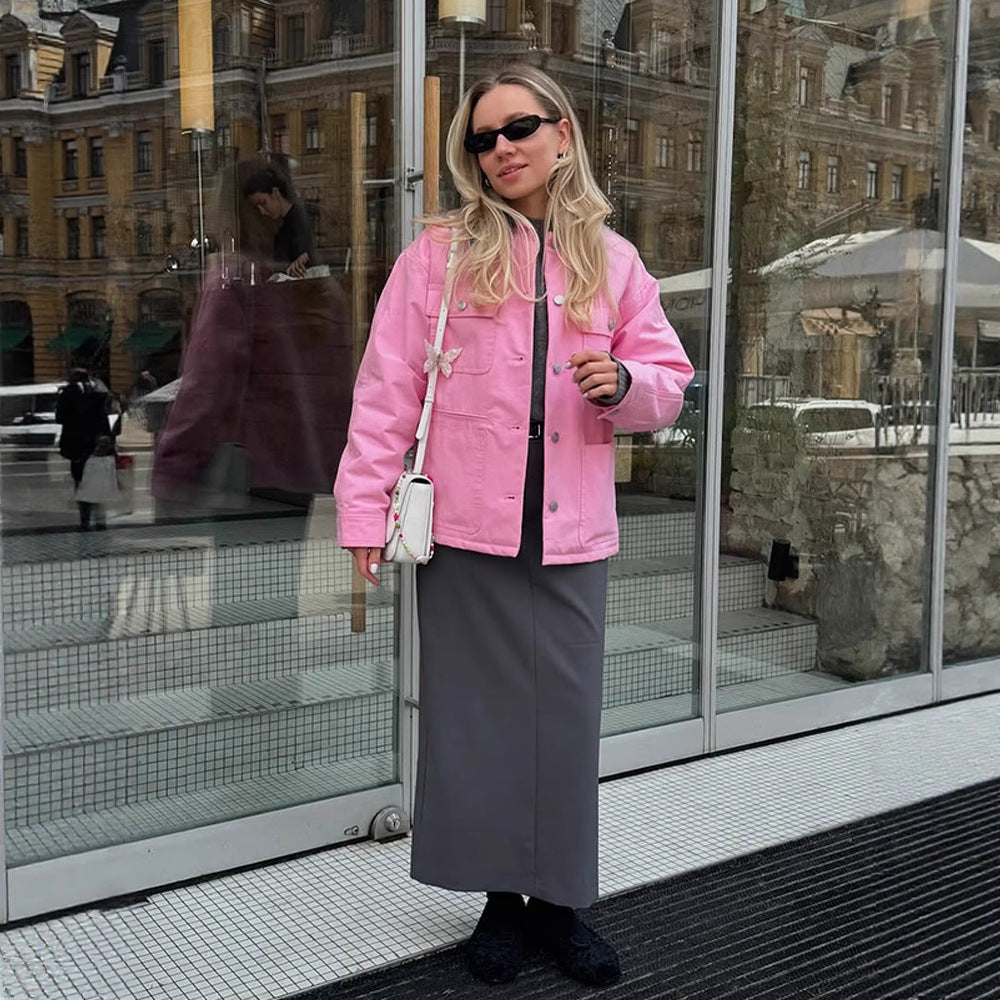 Damen Boxy Overshirt-Jacke mit aufgesetzten Taschen & Metallknopfleiste Drune