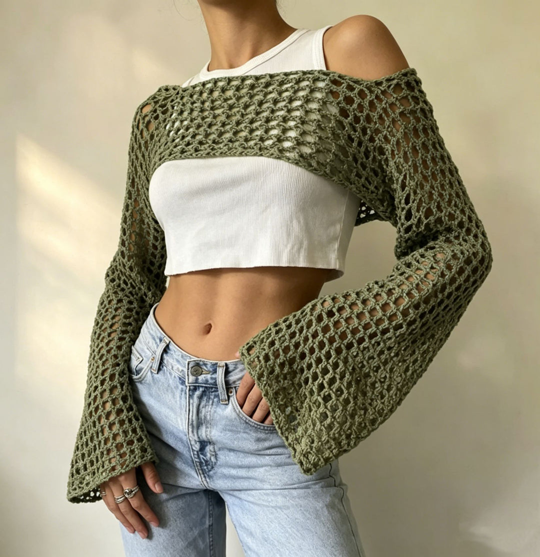 Damen gehäkelter kurzer Bolero mit asymmetrischem Schulterauschnitt und ausgestellten Ärmeln Drune