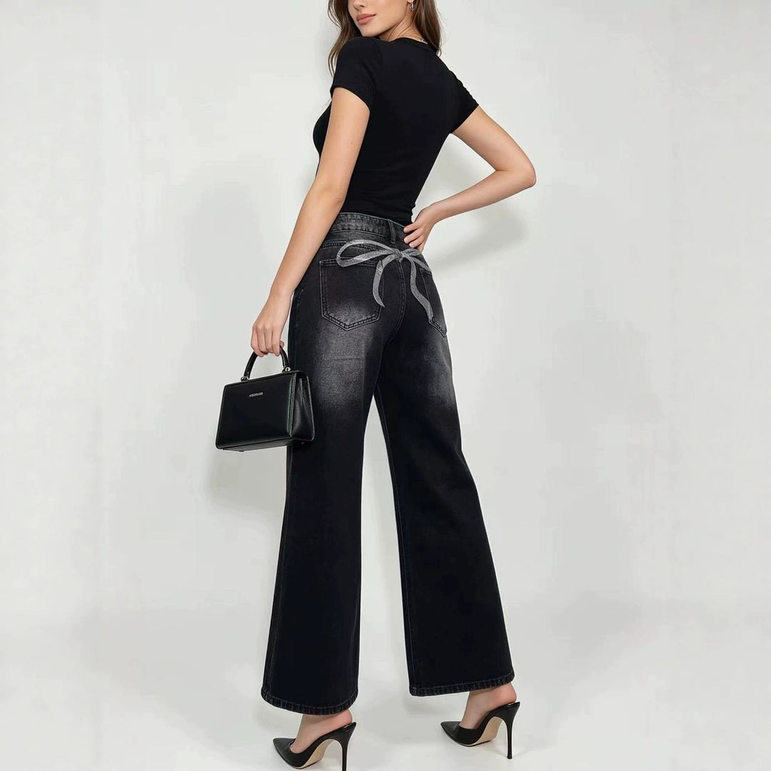 Damen nan High‑Waist Flared-Jeans mit weitem Bein, taillierender Bundnaht und dezenter Used-Struktur Drune