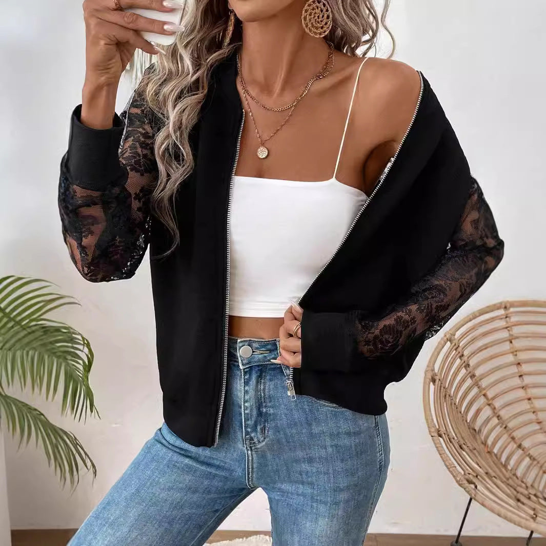 Damen nan leichte Bomberjacke mit floralen Spitzenärmeln und Reißverschluss Drune