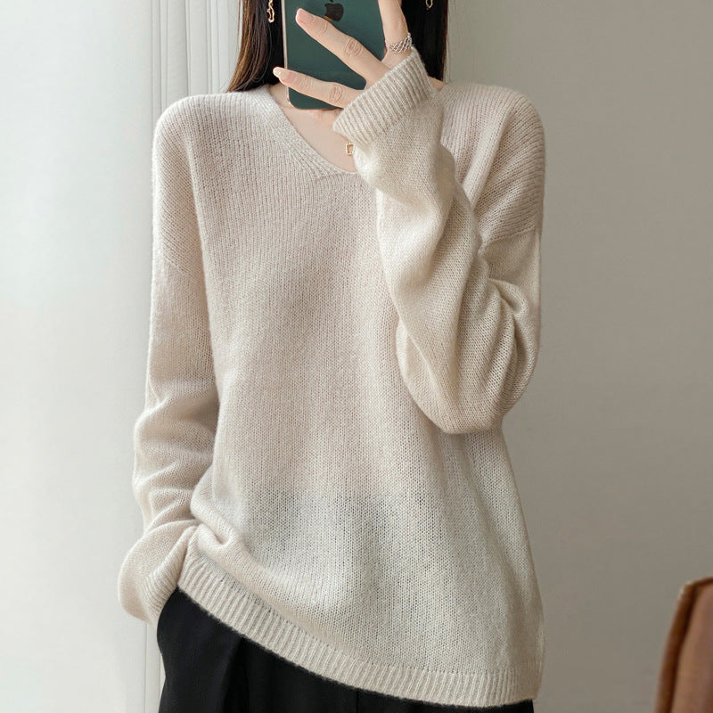 Damen Oversize-Feinstrickpullover mit feinem V-Ausschnitt und verlängertem Ärmelabschlusst Drune