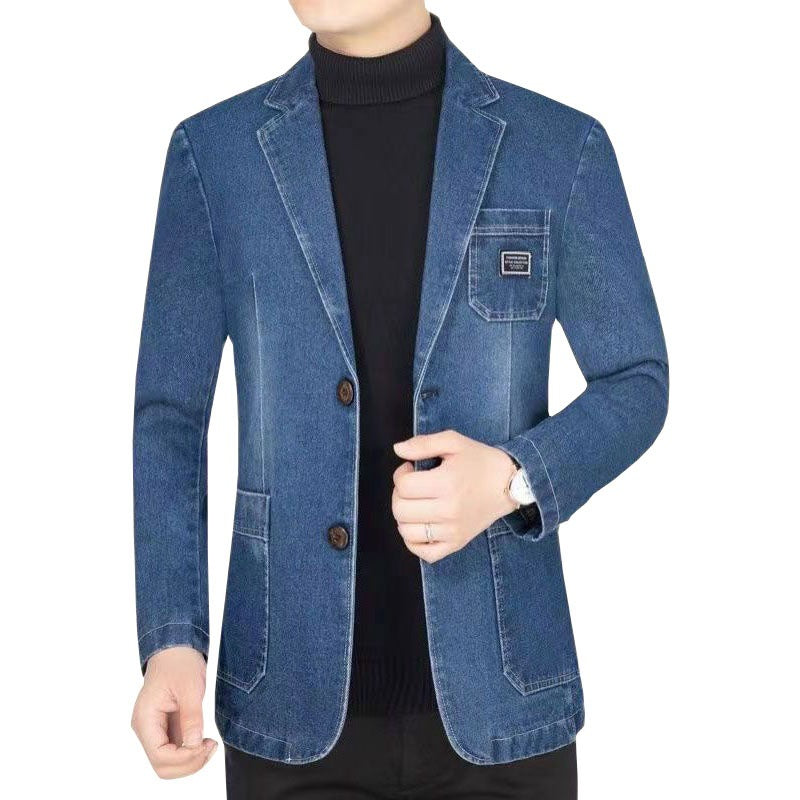 Herren Jeansblazer Slim Fit mit Aufgesetzten Taschen und Notch-Kragen Drune