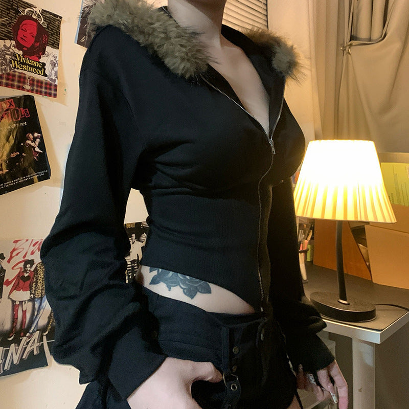 Damen Kurzgeschnittene Kapuzenjacke mit figurformender Rippen‑Corsage und durchgehendem Reißverschluss Drune