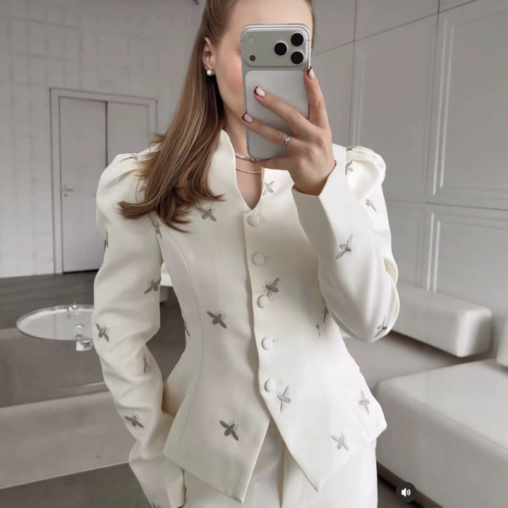 Damen Taillierter Peplum‑Blazer mit geschwungenem Stehkragen und Puffschulter‑Details Drune