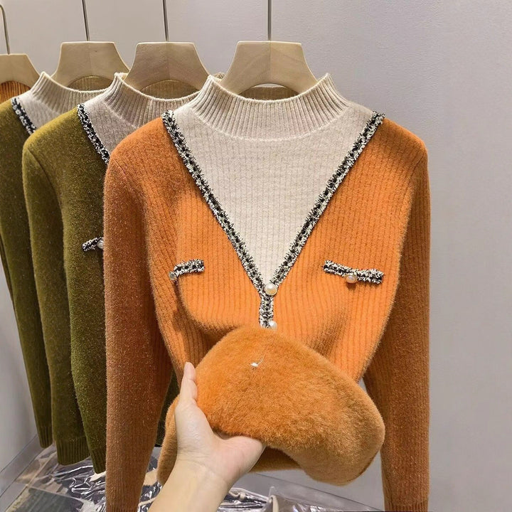 Damen modischer V-Pullover mit Schimmer-Details und Knöpfen Drune