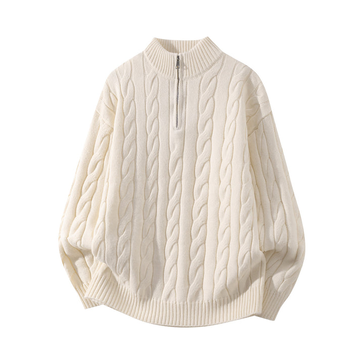 Damen Oversize Zopfmuster-Halbreißverschluss-Pullover mit Ballonärmeln und Stehkragen Drune