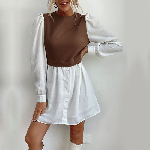 Damen Hemdblusenkleid mit eingesetzter kurzgeschnittener Weste, Puffärmeln und taillierter Silhouette Drune