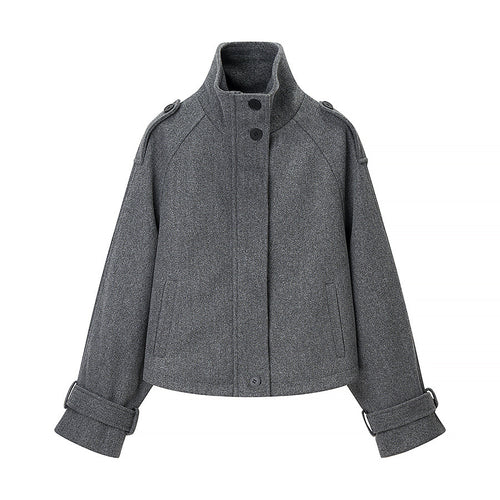 Damen Kurz geschnittene Wollmix-Croppedjacke mit Stehkragen, Schulterklappen und verstellbaren Ärmelriemen Drune
