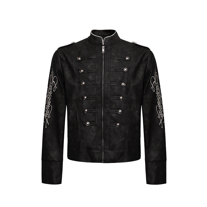 Herren Military-inspirierte Lederjacke mit Stehkragen, Zierknopfreihen und bestickten Ärmeln Drune