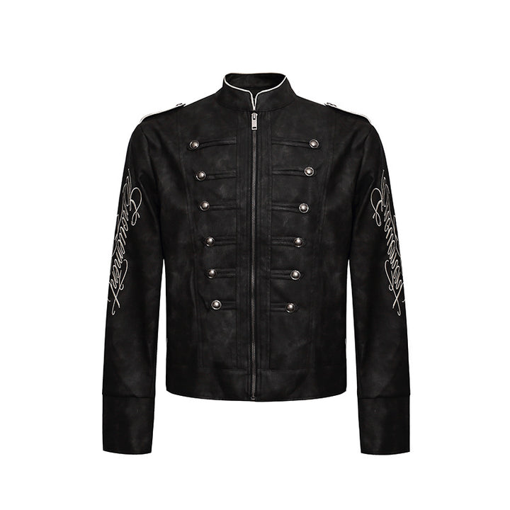 Herren Military-inspirierte Lederjacke mit Stehkragen, Zierknopfreihen und bestickten Ärmeln Drune