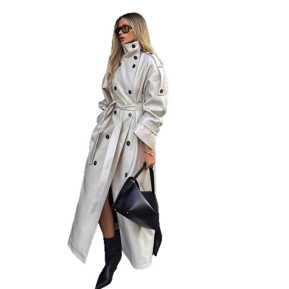 Damen eleganter Mantel mit hohem Kragen und taillierbarem Gürtel Drune