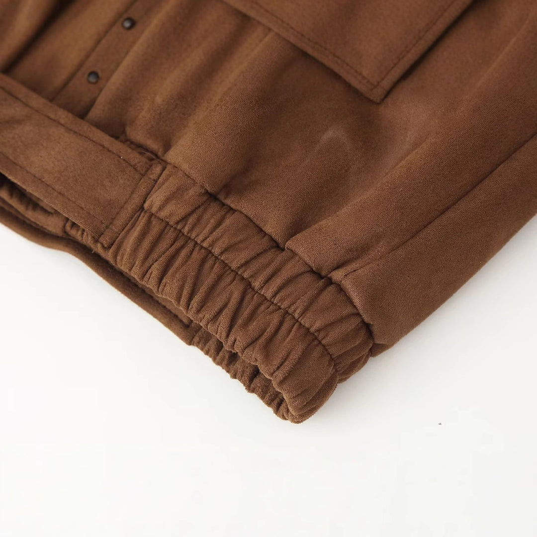 Damen Oversized Wildlederjacke mit raffiniertem Gürtel und großen Taschen Drune