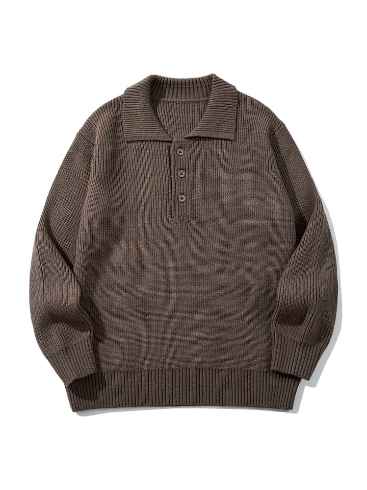Herren Gerippter Polokragenpullover mit dreifacher Knopfleiste und Relaxed-Fit Drune