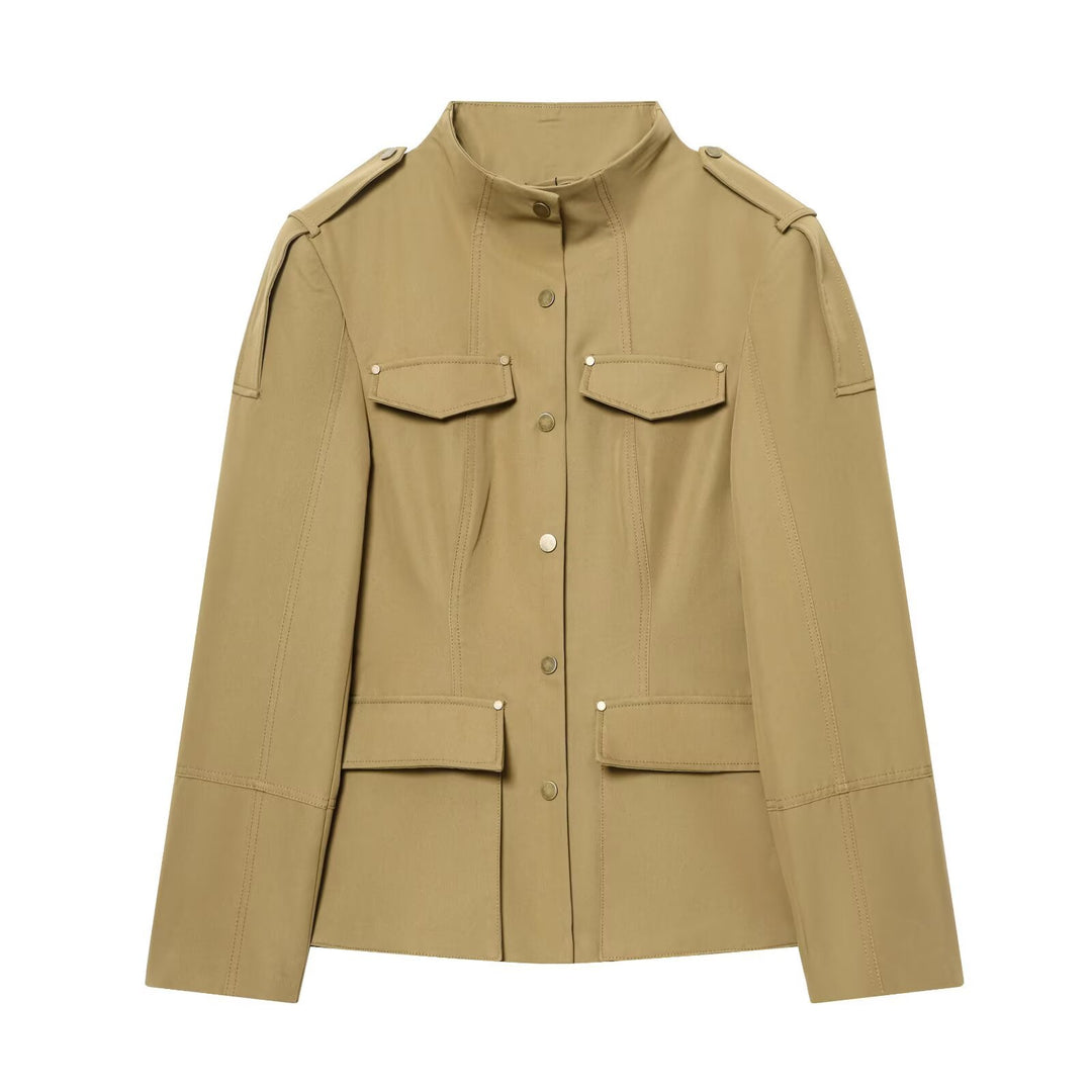 Damen Utility-Jacke mit Stehkragen, Pattentaschen und Schulterklappen Drune