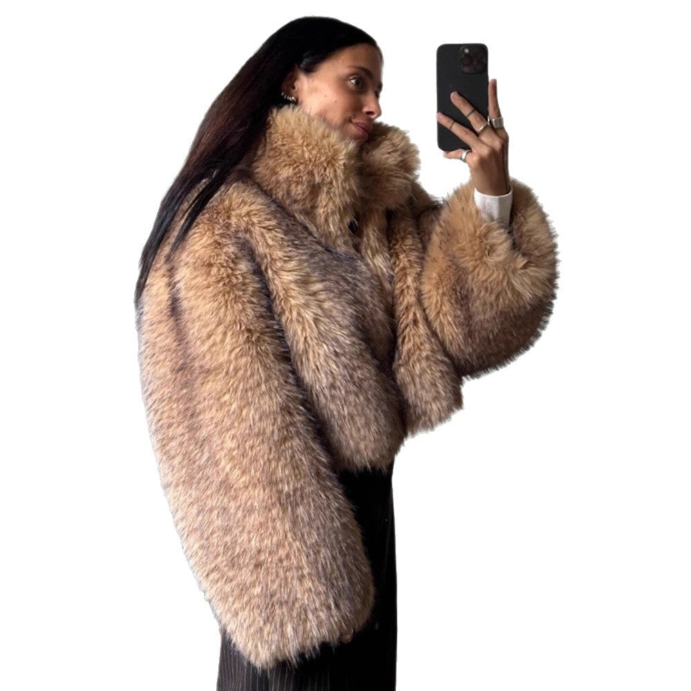 Damen Luxus-Kunstpelz-Cropped-Bomber mit Oversized-Ärmeln und hohem Schalkragen Drune
