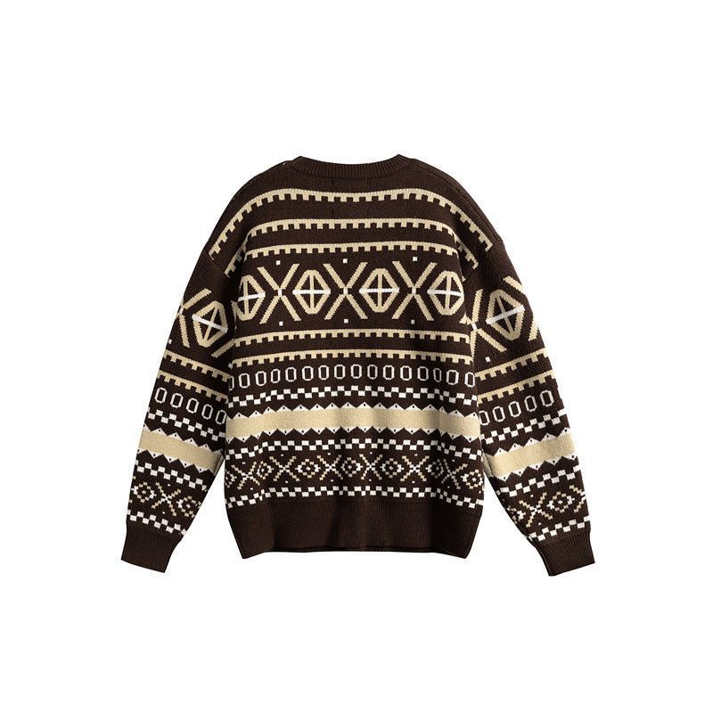 Unisex Gemusterter Grobstrickpullover im Norwegerstil mit Rundhals Drune