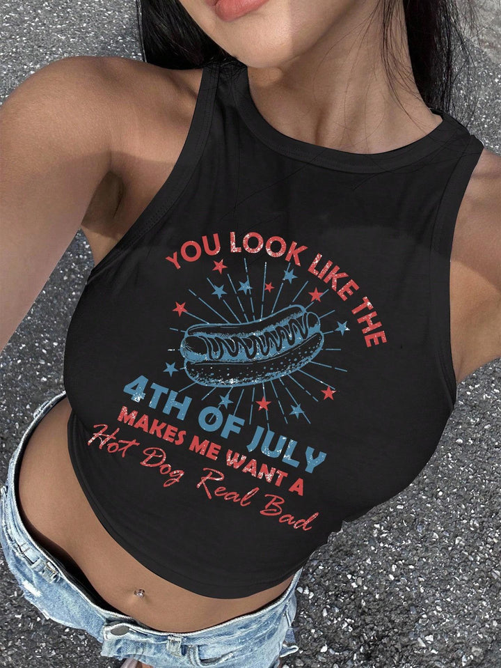 Damen Cropped Tanktop mit kreativem Schriftzug und lebhaftem Design Drune