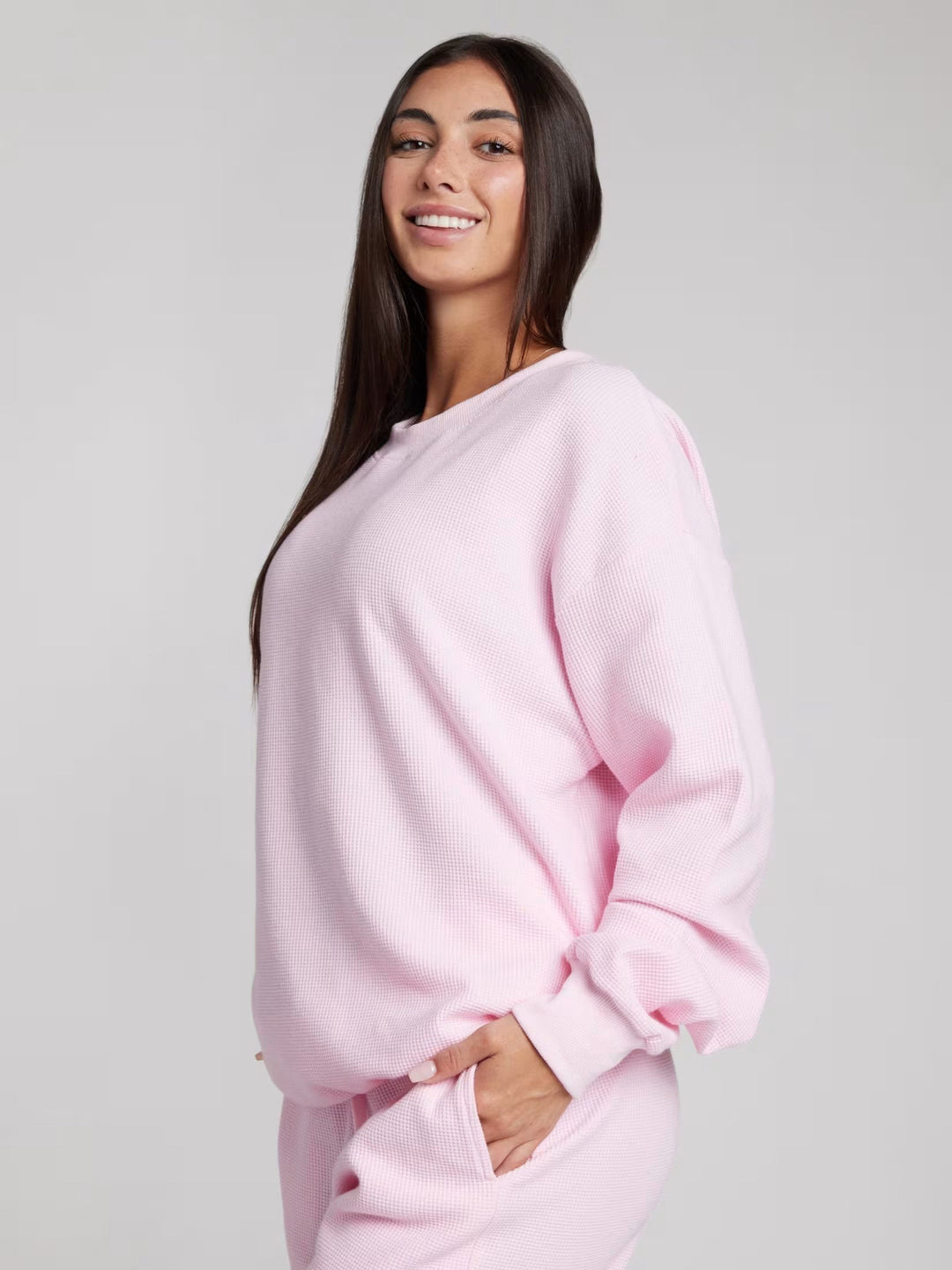 Damen geräumiges Waffelstrick-Loungewear-Set mit Rundhalsausschnitt und Tunnelzughose Drune